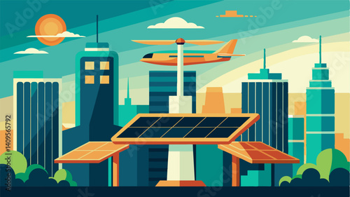 Amidst the steel and glass towers a shining symbol of renewable energy stands a solarpowered air taxi charging station.. Vector illustration