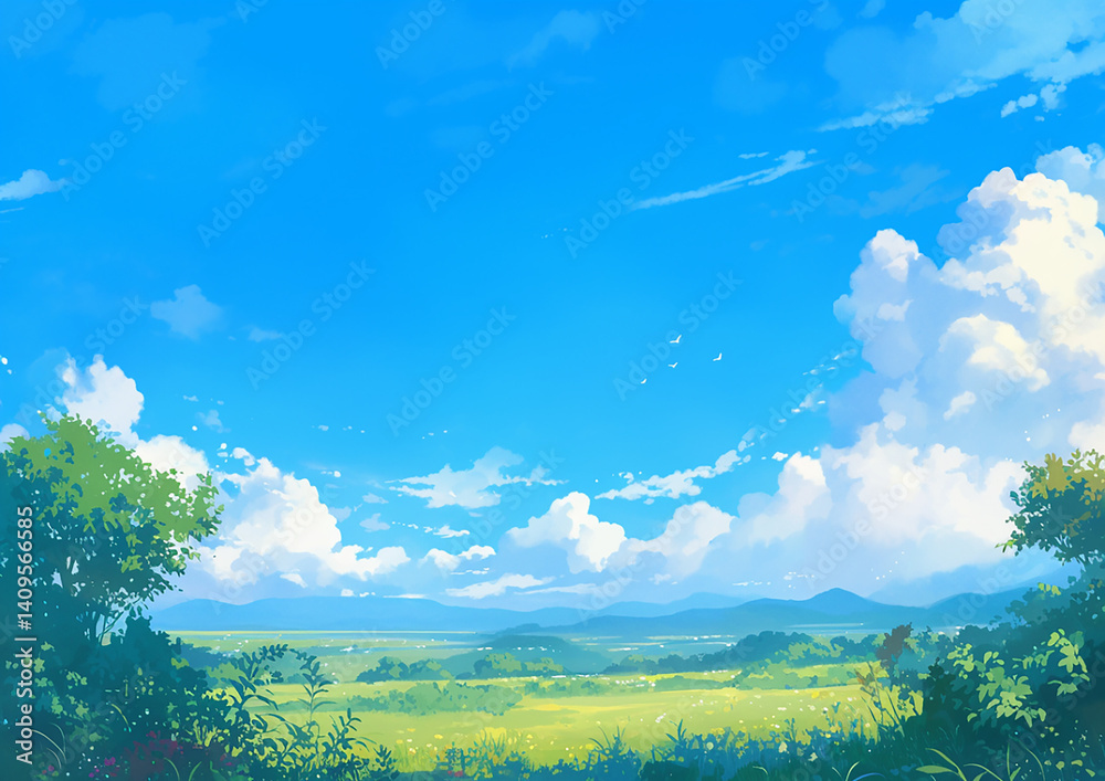 Obraz premium 青空のアニメタッチ風景イラスト generative ai