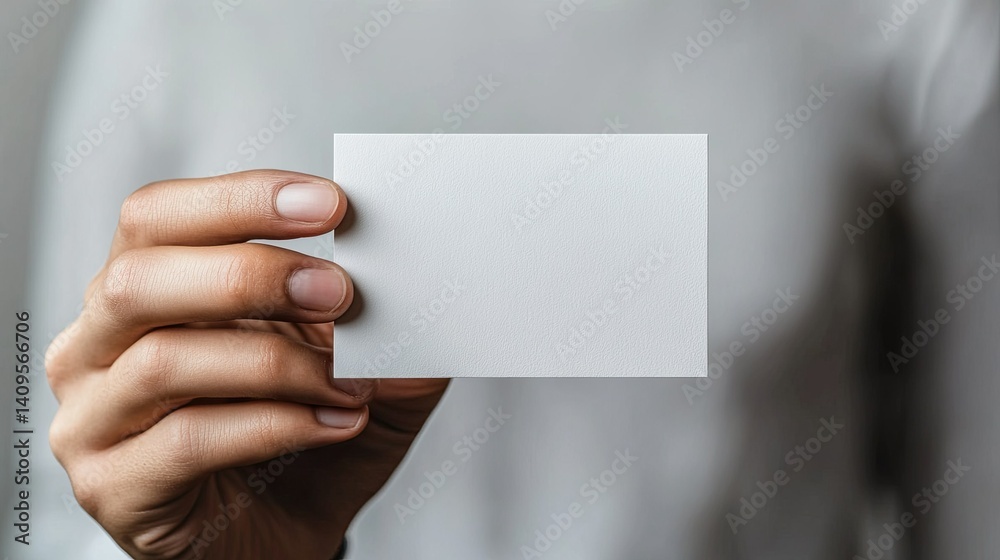 Person holding a blank card in front of a light background. -- Person holding a blank card in front of a light background. --