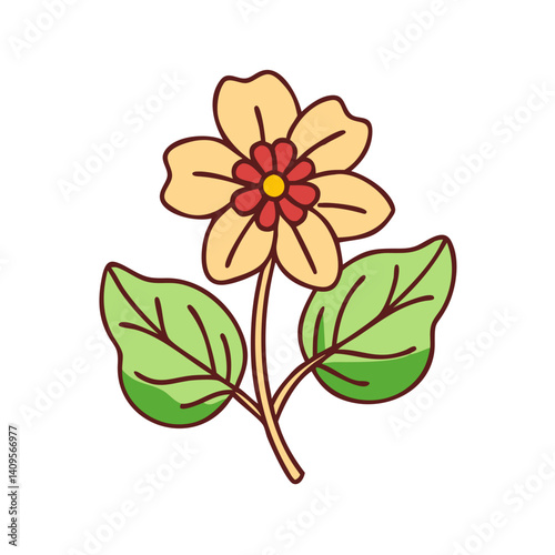 Cartoon yellow flower with red center and green leaves