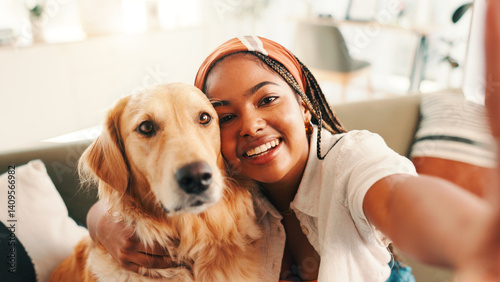 Canvas Print Relax, black woman and selfie with dog on sofa for comfortable, animal adoption and canine companion