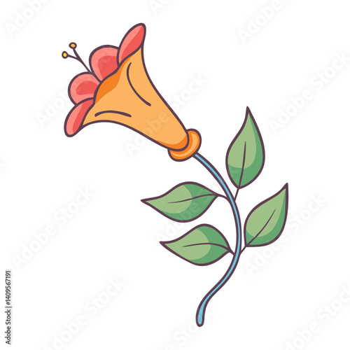 Orange bell flower with leaves cartoon isolated art