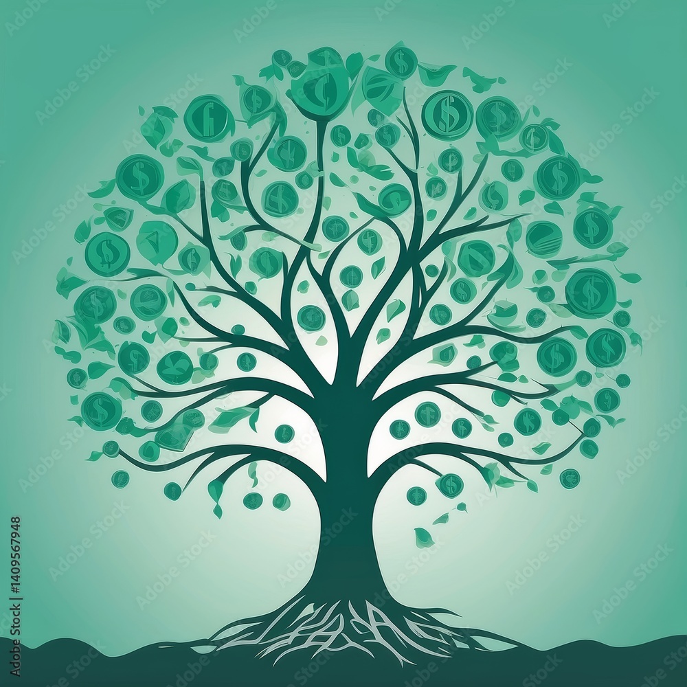 Sustainable finance vector illustration with money roots and recycling tree Sustainable finance vector illustration with money roots and recycling tree
