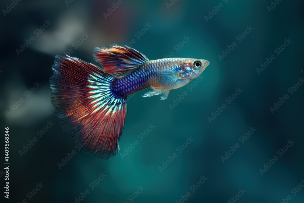 Fototapeta premium Vibrant Peacock Guppy with Colorful Tail Fin Display in Deep Green Aquatic Setting.