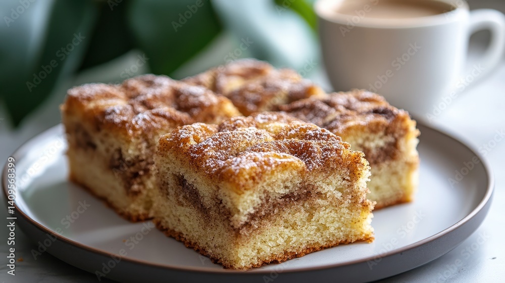 Delicious cinnamon coffee cake served on a plate beside a steaming cup of coffee Delicious cinnamon coffee cake served on a plate beside a steaming cup of coffee