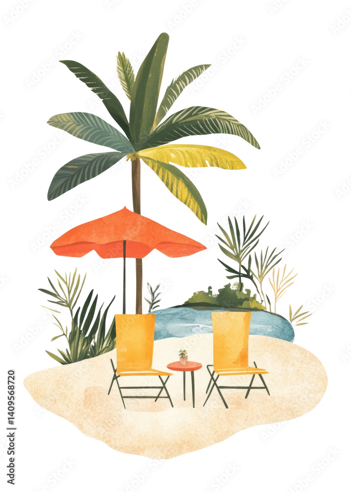 Obraz premium PNG Summer time illustration chairs tree.