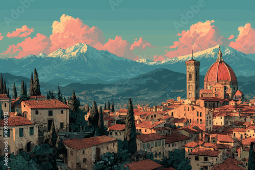 Scenic vector illustration of Florence at sunset with the Duomo, historic rooftops, cypress trees, and distant snow-capped mountains under a colorful sky