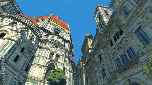 Low-angle vector illustration of Florence Cathedral and surrounding buildings with ornate architecture under a clear blue sky, capturing the grandeur of the historic city