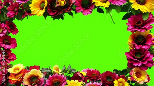 flower frame motion with green background, colorful flower decoration template with green screen