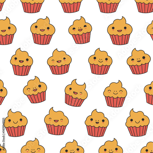 Cupcake Delight: A charming, repeating pattern of cheerful cupcakes, each with its unique expression. Perfect for bringing a touch of sweetness and whimsy.
