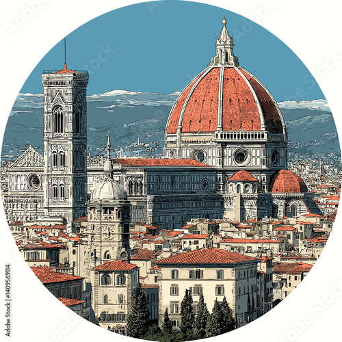 Circular vector illustration of Florence skyline featuring the Duomo with its red dome, bell tower, and historic buildings, set against a mountainous backdrop