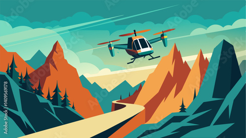 As the eVTOL approaches the resort its powerful VTOL vertical takeoff and landing capabilities allow it to navigate through narrow mountain passes with ease.. Vector illustration