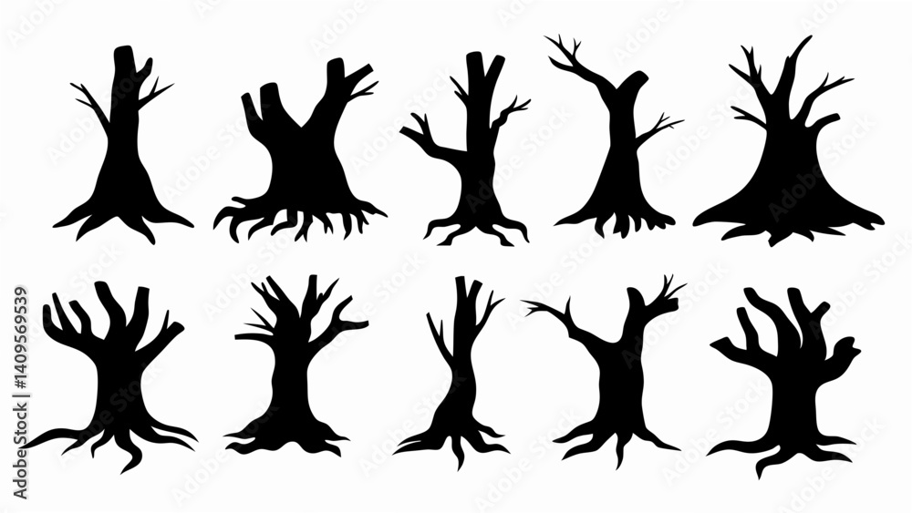 set of old tree stump with roots silhouette vector on white background set of old tree stump with roots silhouette vector on white background
