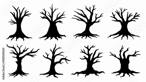 set of old tree stump with roots silhouette vector on white background