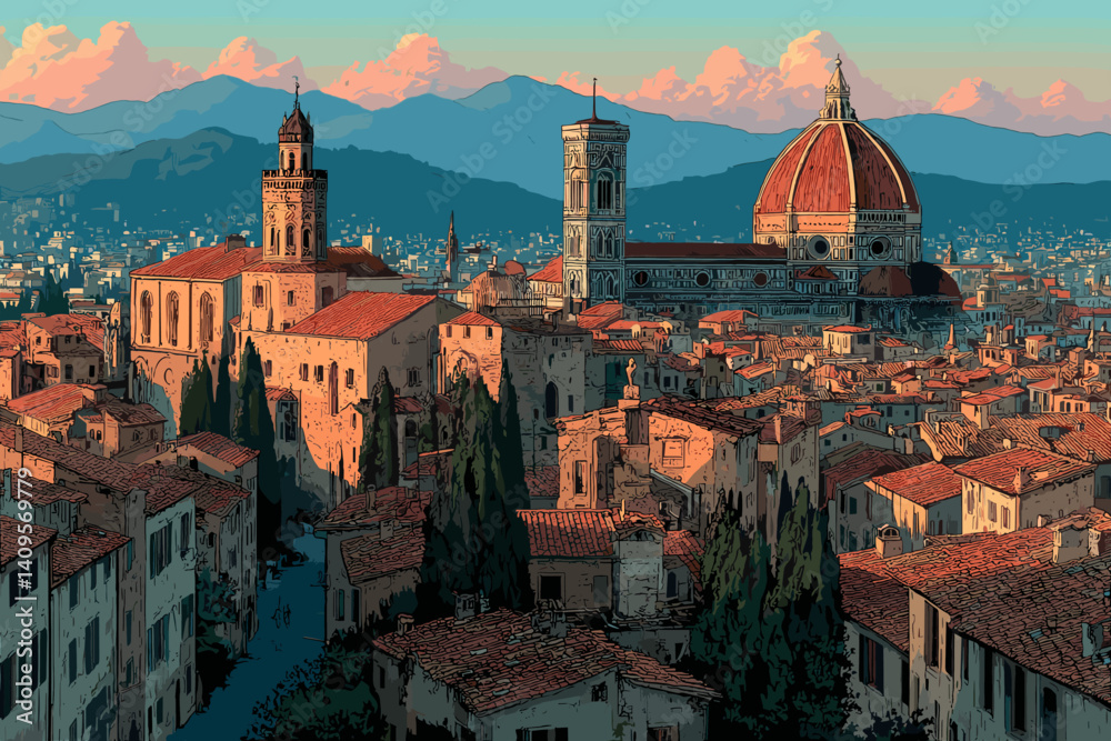 custom made wallpaper toronto digitalSunset vector illustration of Florence with the Duomo, historic towers, terracotta rooftops, and mountain backdrop in warm evening light