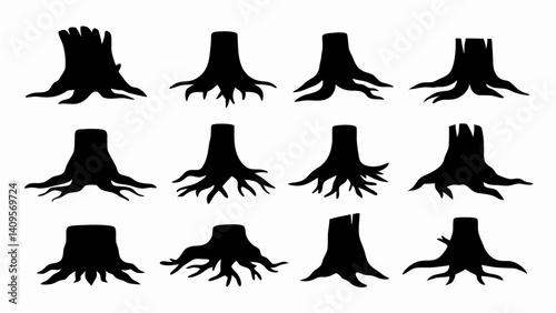 set of old tree stump with roots silhouette vector on white background