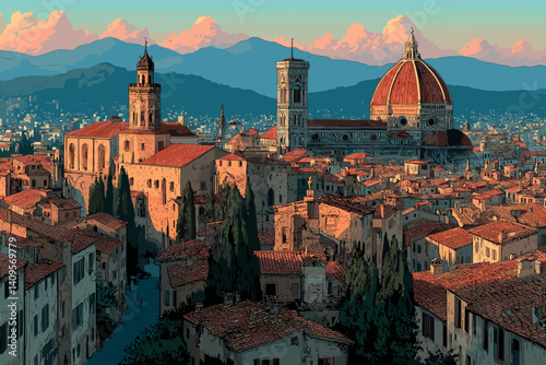 Wallpaper Mural Sunset vector illustration of Florence with the Duomo, historic towers, terracotta rooftops, and mountain backdrop in warm evening light Torontodigital.ca