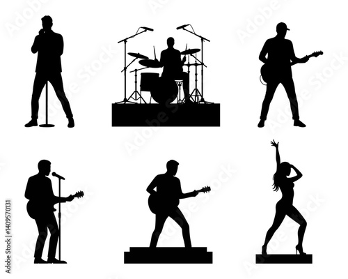 Band Silhouettes: A set of six distinct silhouettes capturing the energy of a live music performance—a vocalist, drummer, guitarist, and more, ready for use in various design projects. 