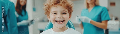 Happy child smiling in dental clinic while sitting in chair surrounded by friendly dental professionals in bright blue uniforms and cheerful environment
