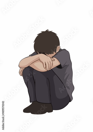 Youthful figure seated head bowed in sorrow. Vector Image