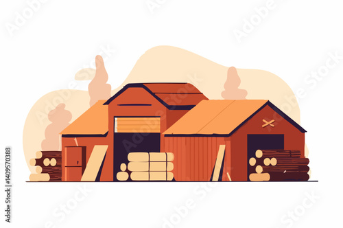 Wooden structures and lumber storage illustration. Vector Image