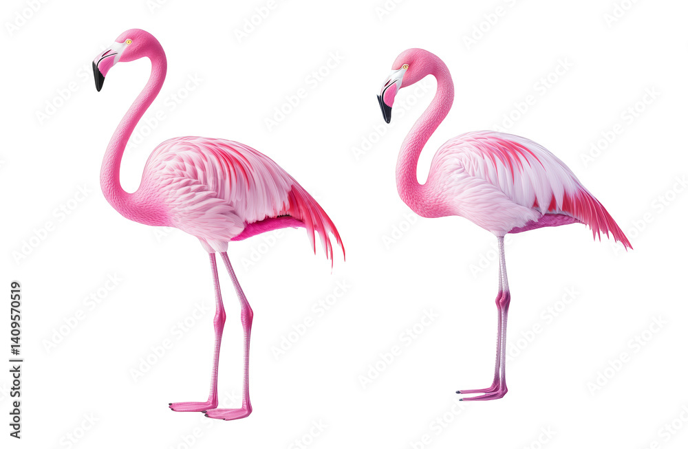 Fototapeta premium Two Pink Flamingos Isolated on White Background Exotic Bird Wildlife Nature Ornithology Zoology Colorful Plumage Long Legs Graceful Posture Phoenicopterus roseus Vibrant Tropical Fauna Elegance