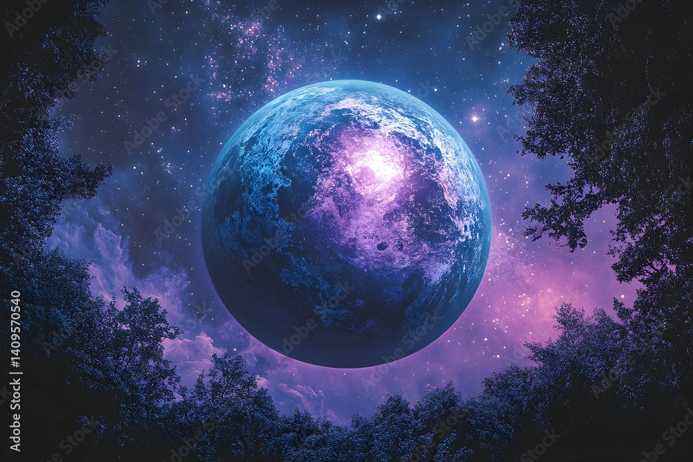 Obraz premium Cosmic planet hangs above a twilight forest.