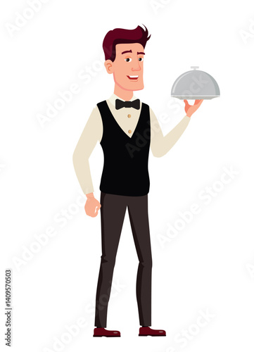 Smiling Waiter Holding Cloche – Vector Illustration of Restaurant Service Staff in Uniform