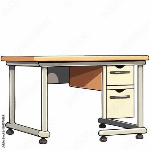 Wooden Desk with Two Drawers and Metal Legs. Vector Image