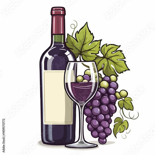 Wine Bottle Glass Grapes Vine Leaf Illustration. Vector Image