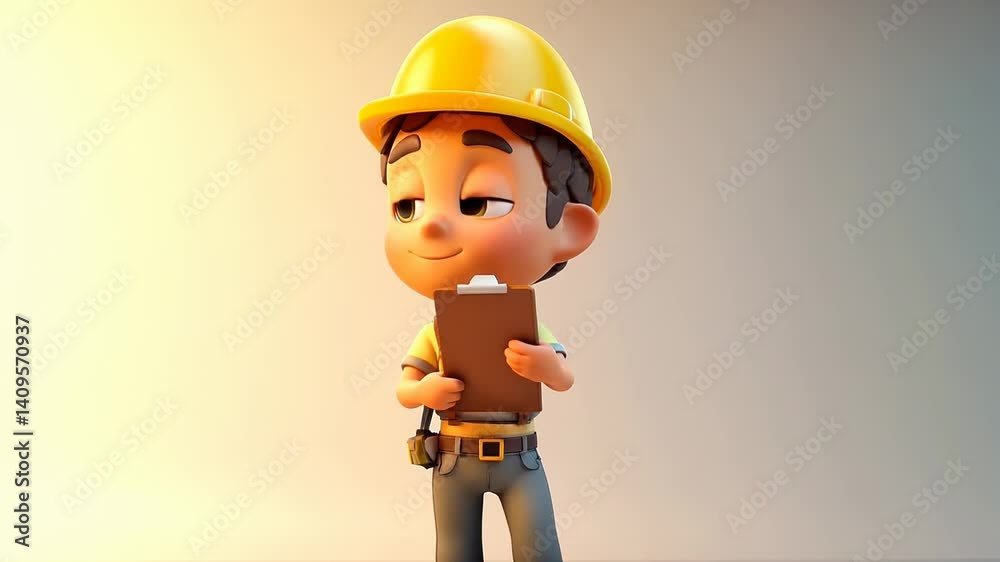 Child construction worker character holding clipboard with cheerful expression in bright setting Child construction worker character holding clipboard with cheerful expression in bright setting