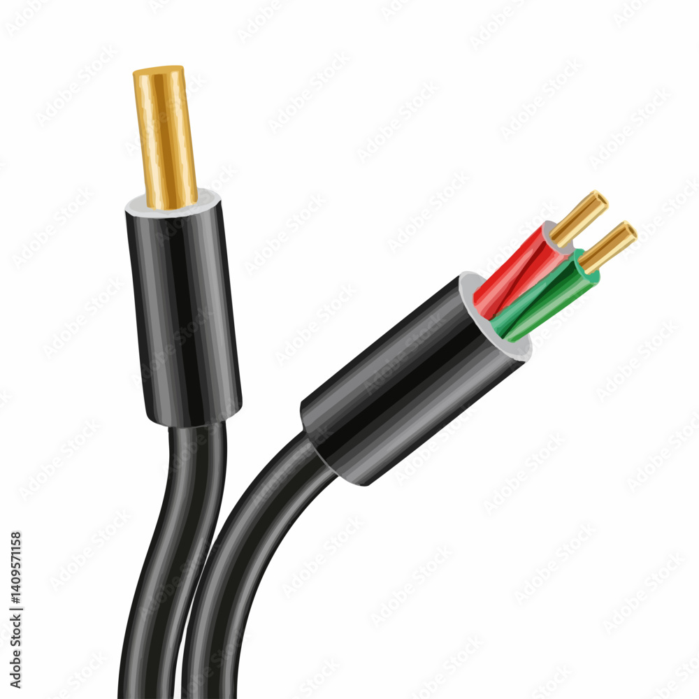 Obraz premium Three-wire cable with gold-plated connector. Vector Image