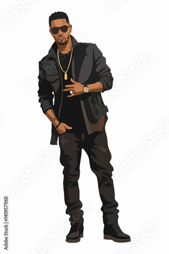 Stylish Man in Black Jacket and Jeans. Vector Image