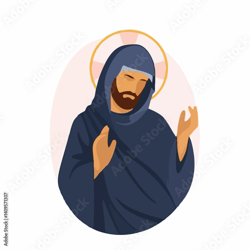 Spiritual Figure in Robe with Halo. Vector Image