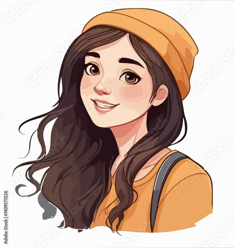 Smiling girl with long brown hair and beanie. Vector Image