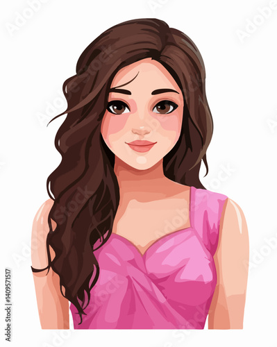 Smiling woman with long brown wavy hair wearing pink dress. Vector Image