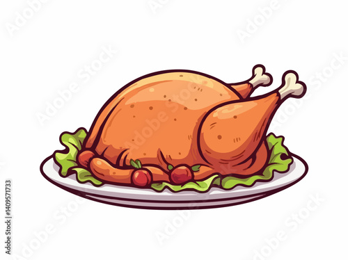 Roasted Chicken with Garnish on Plate Illustration. Vector Image