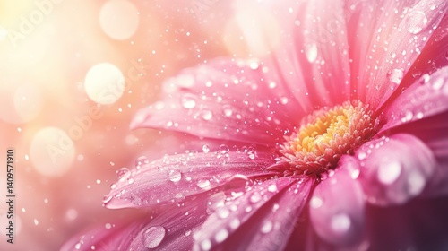 Dew-kissed pink gerbera, garden bokeh, spring