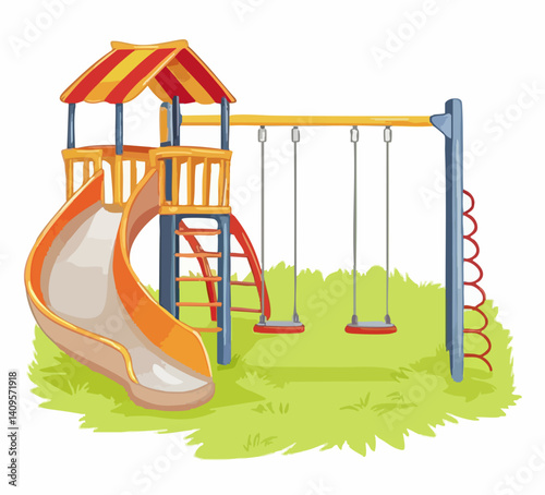 Playground with Slide and Swings Set Illustration. Vector Image