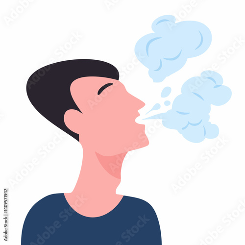 Person Exhaling Vapor Clouds Illustration. Vector Image