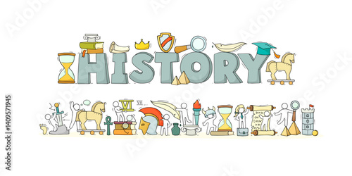 History education, school subject. History class banner with books, ancient documents, scroll and feather. Cute doodle men learning school lesson, vector hand drawn illustration