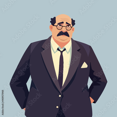 Overweight balding man in suit and glasses. Vector Image
