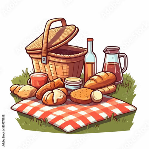 Outdoor Picnic Basket with Breads and Drinks. Vector Image