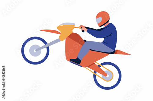 Motorcyclist Performing Wheelie Stunt on Dirt Bike. Vector Image