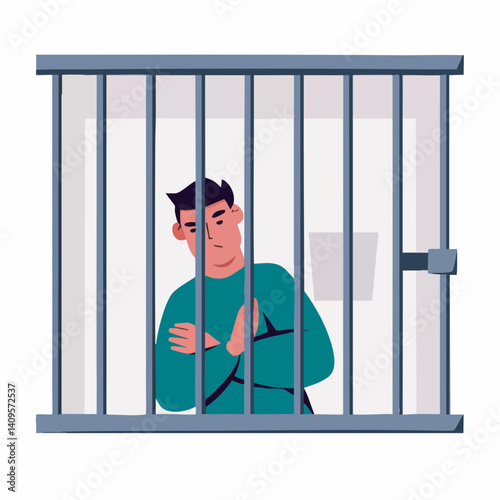 Man in Jail Cell Contemplative Pose. Vector Image