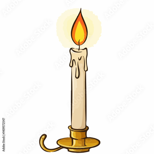 Lit Candle in Golden Candlestick Holder. Vector Image