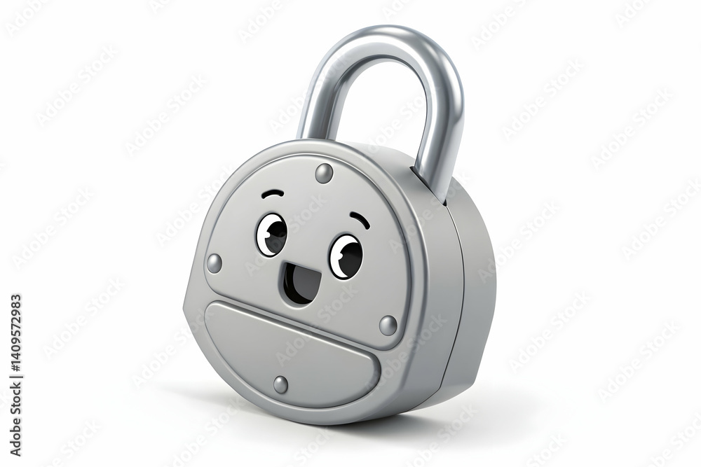 A cheerful padlock with a smiling face, guarding secrets with a playful charm, rendered in sleek metallic grey against a clean white backdrop. A cheerful padlock with a smiling face, guarding secrets with a playful charm, rendered in sleek metallic grey against a clean white backdrop.