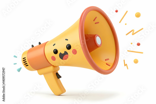 A cheerful megaphone with a happy face joyfully sharing exciting news, depicted in a bright, playful 3D style.