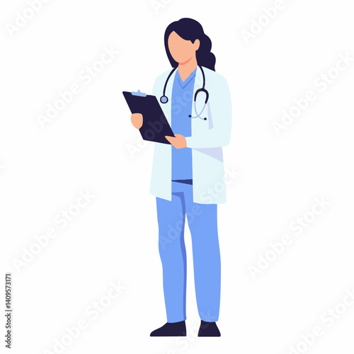 Female Doctor Reviewing Medical Records Vector Illustration. Vector Image