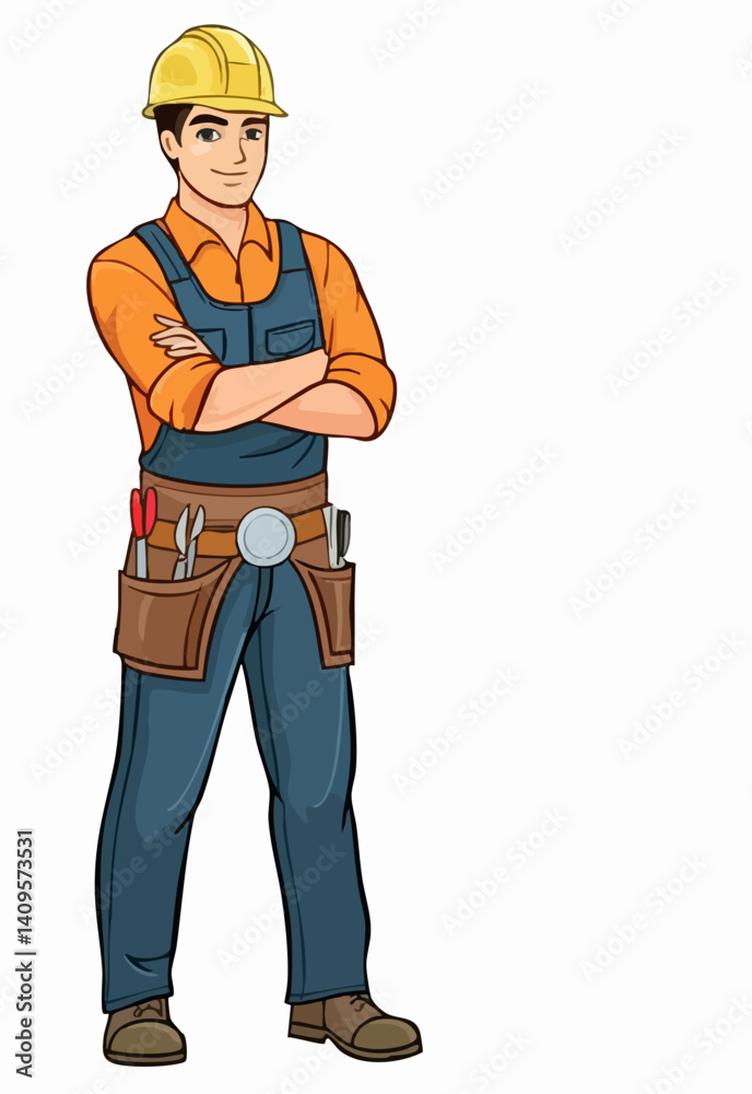 Confident Craftsman with Tool Belt and Helmet. Vector Image Confident Craftsman with Tool Belt and Helmet. Vector Image